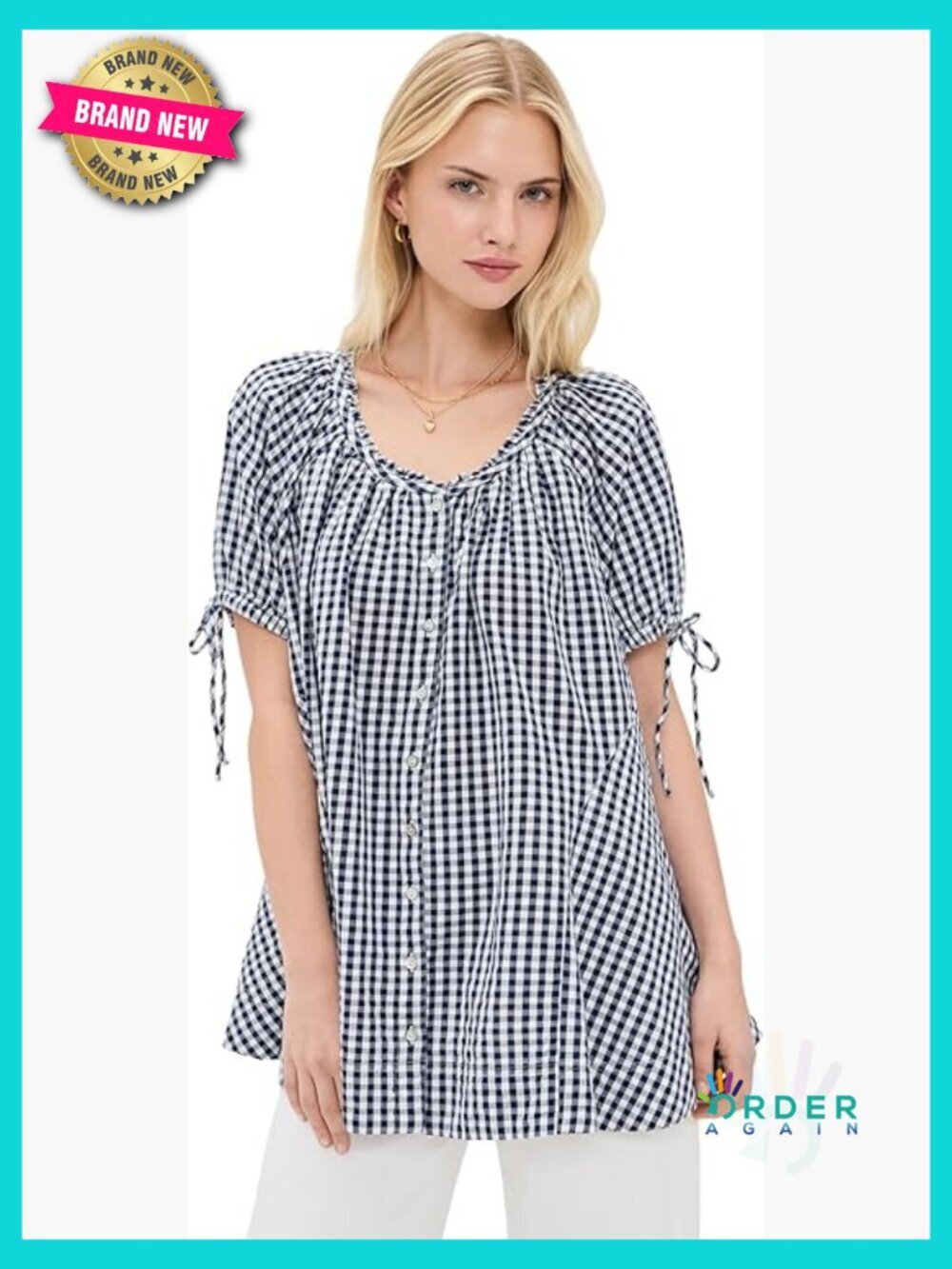 Gingham Tunic Top Puffed Sleeves Button Front Classic Chic Billowy Silhouette